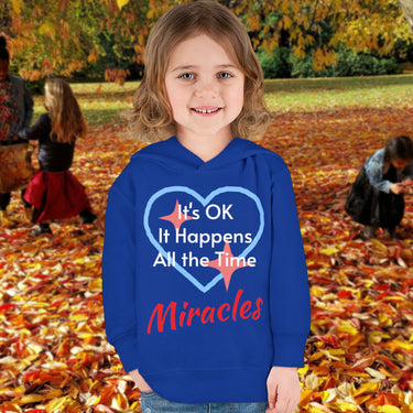Rabbit Skins toddler fleece hoodie with “Miracles Happen” design and uplifting message, soft cotton-poly blend, jersey-lined hood, Christian apparel for cozy wear and faith-filled gifting, toddler girl in blue hoodie